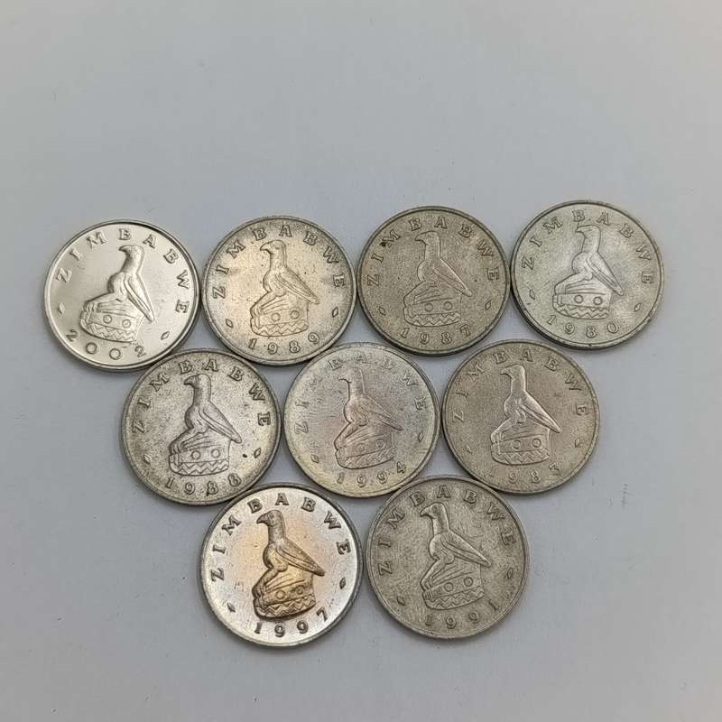 Zimbabwe lot 9 x 20 cent coins 1980, 1983, 1987, 1988, 1989, 1991, 1994, 1997 & 2002