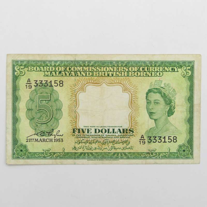 Malaya and British Borneo 1953 5 Dollar banknote - Pick 2a - VF Condition