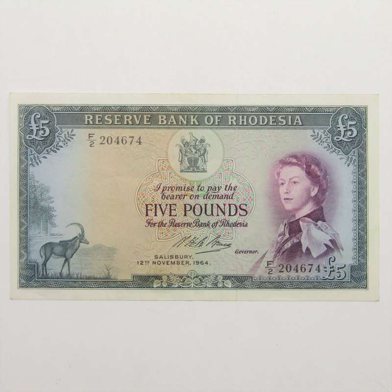 Rhodesia Five Pounds 12 Nov 1964  Banknote - Pick 2b - XF+/AU
