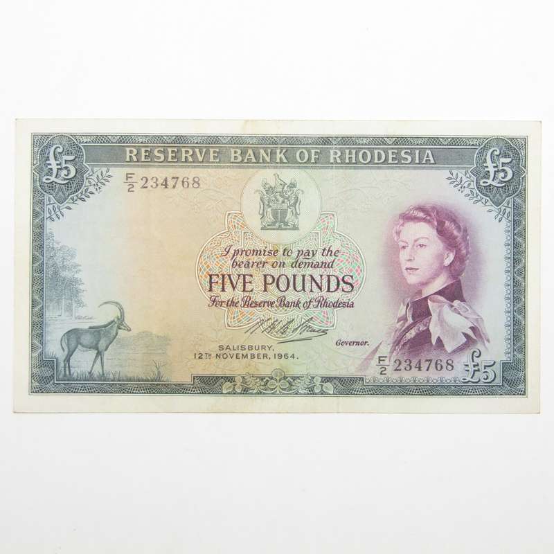 Rhodesia 12 Nov 1964 Five Pounds banknote XF+ - Pick 26 - some fold creases