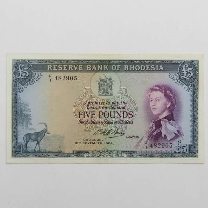 Rhodesia 10 Nov 1964 Five Pounds banknote - AU condition - creases middle bottom