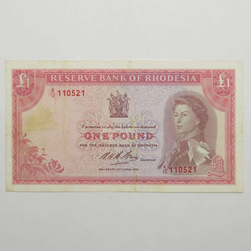 Rhodesia One Pound VF banknote 18 June 1966 - Pick 28a - yellow stain and creases