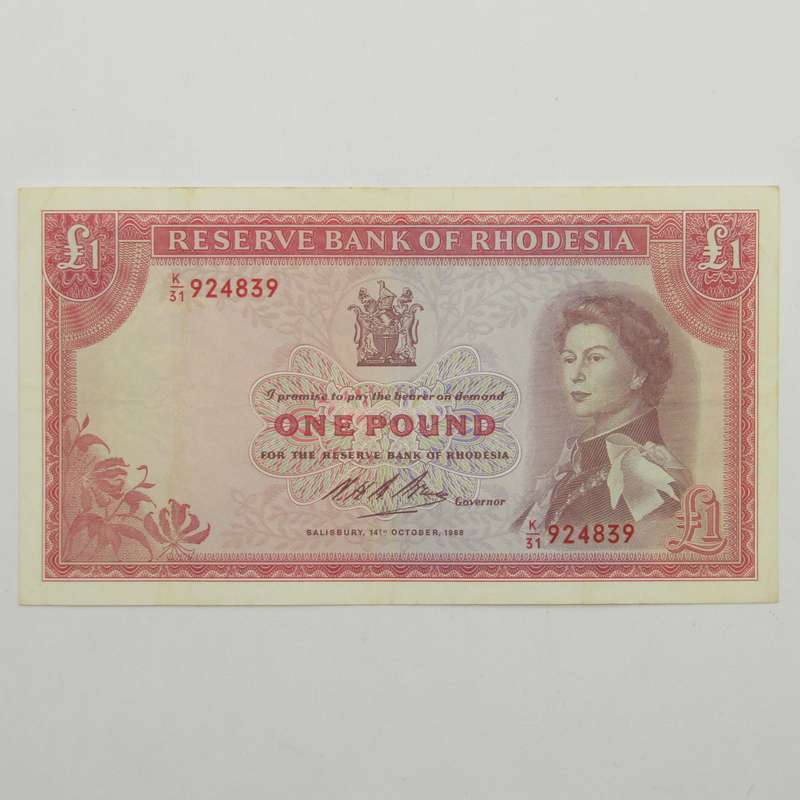 Rhodesia 14 Oct 1968 One Pound VF banknote - Pick 28d - Couple of folds