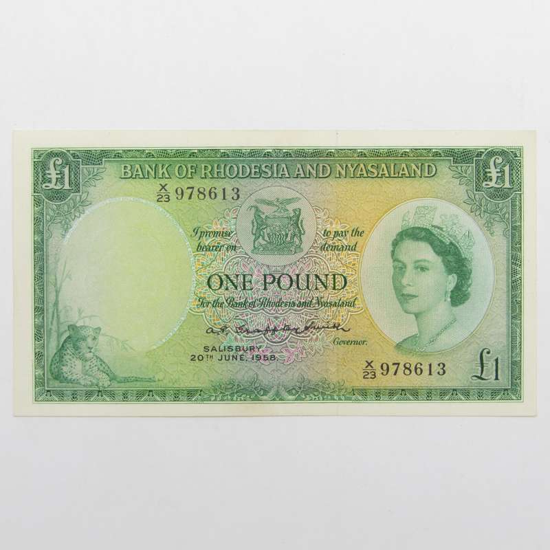 Rhodesia & Nyasaland One Pound 1958 banknote - AU Condition - paperclip dent