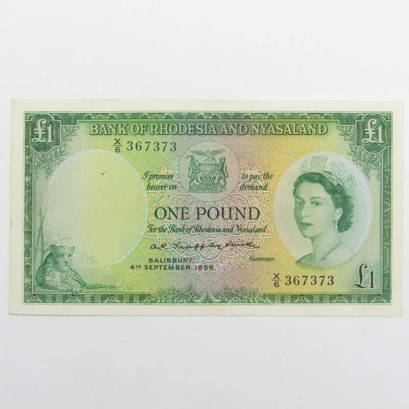 Rhodesia & Nyasaland One Pound 1956 banknote - light creases - In AU condition