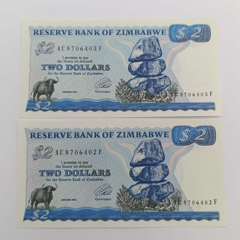 Zimbabwe 2 dollars banknotes P-1c-1994 uncirculated lot of 2 with consecutive numbers