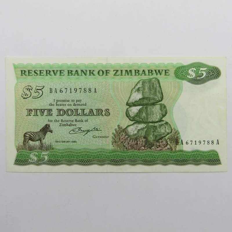Zimbabwe 1980 5 Dollar uncirculated (UNC) banknote - Pick 2a - Short-neck bird watermark