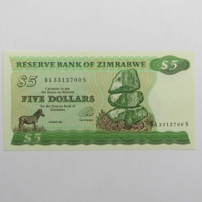 Zimbabwe 1994 5 Dollar uncirculated (UNC) banknote - Pick 2e - Long-neck bird watermark