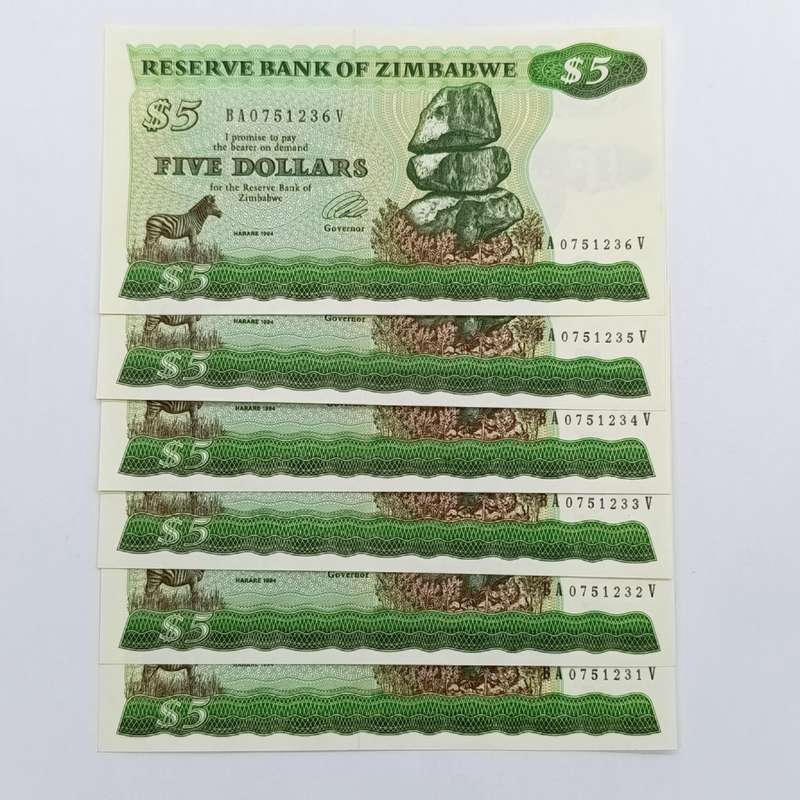 Zimbabwe Pick 2d 1994 five dollars banknotes - consecutive lot of 6 uncirculated