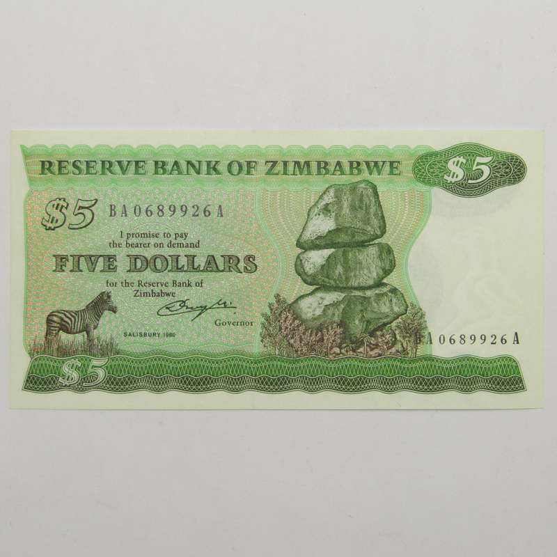 Zimbabwe 1980 5 Dollar uncirculated (UNC) banknote - Pick 2a - Short-neck bird watermark