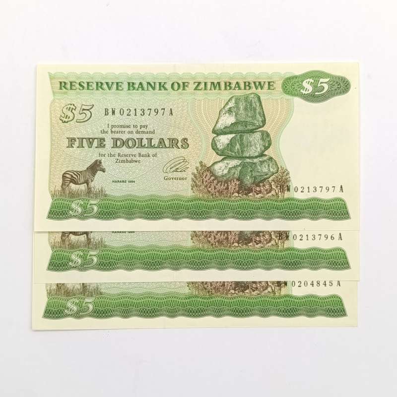 Zimbabwe 1994 2e long neck watermark $5 uncirculated set of 3 banknotes with consecutive numbers