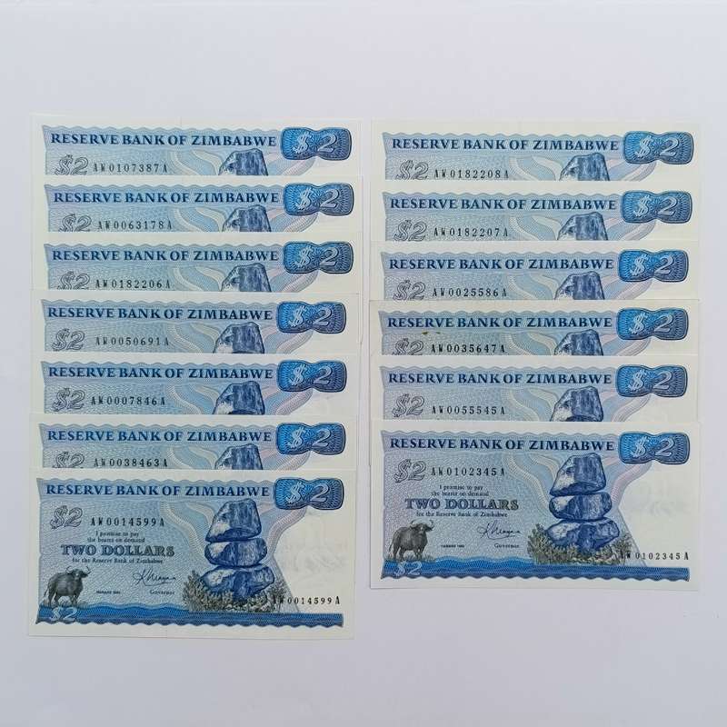 Zimbabwe 1983 Harare $2 Pick 1b lot of 12 replacement notes uncirculated