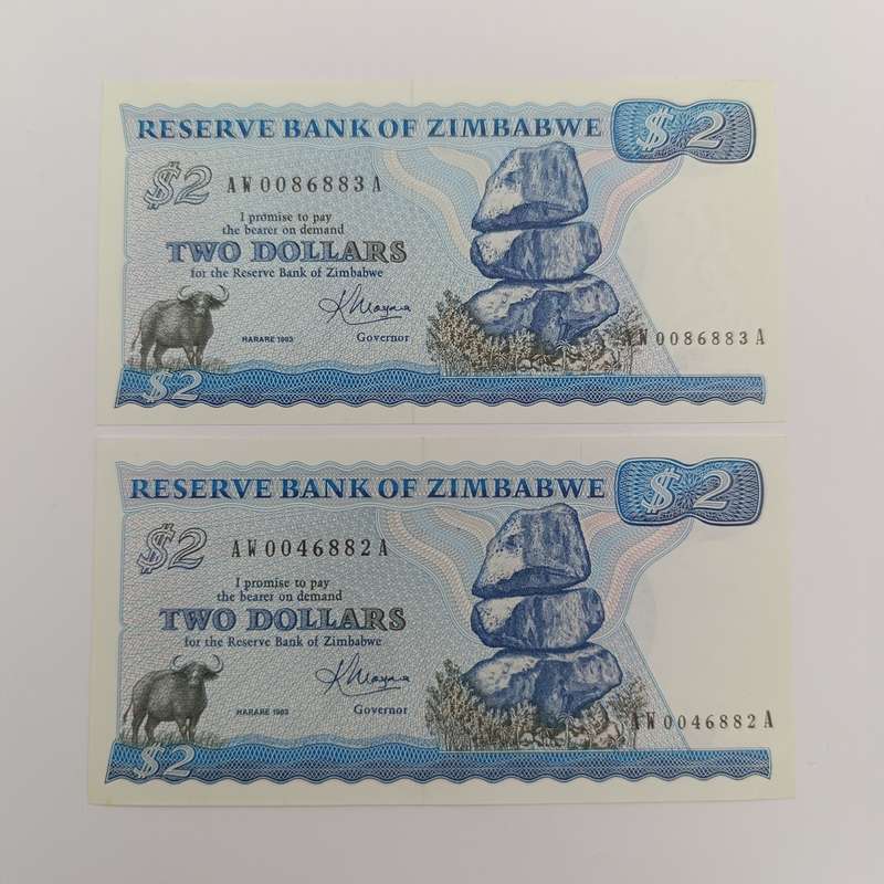 Zimbabwe 1983 Harare $2 Pick 1b Lot of 2 uncirculated replacement notes with consecutive numbers