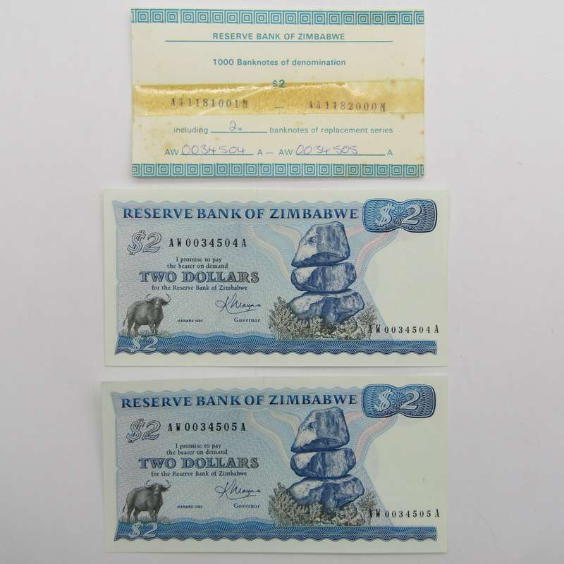 Zimbabwe Lot of 2 1983 $2 Uncirculated (UNC) replacement banknotes with Reserve Bank Confirmation