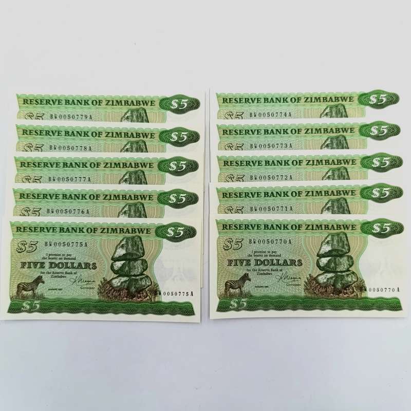 Zimbabwe 1983 Harare $5 Pick 2c lot of 10 replacement notes - uncirculated numbers