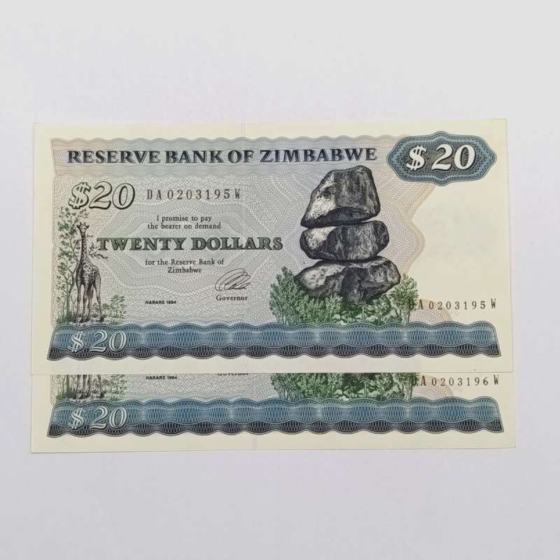 Zimbabwe 1994 Harare $20 Pick 4d pair of uncirculated banknotes with consecutive numbers