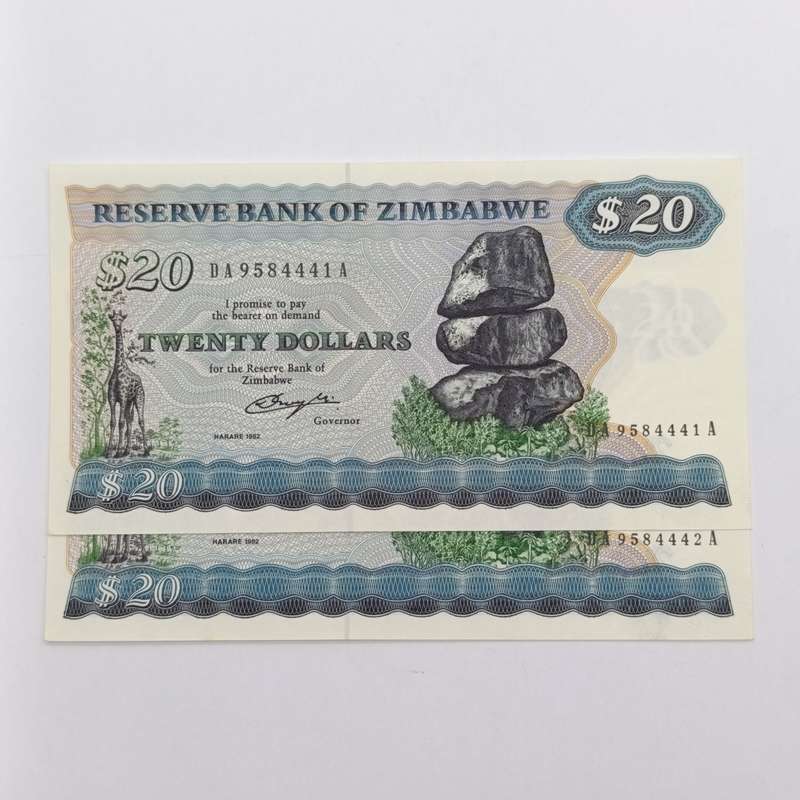 Zimbabwe 1982 Harare $20 scarce uncirculated lot of 2 with consecutive numbers