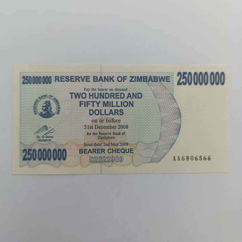 Zimbabwe two hundred and fifty million dollars - uncirculated bearer  cheque 2 May 2008