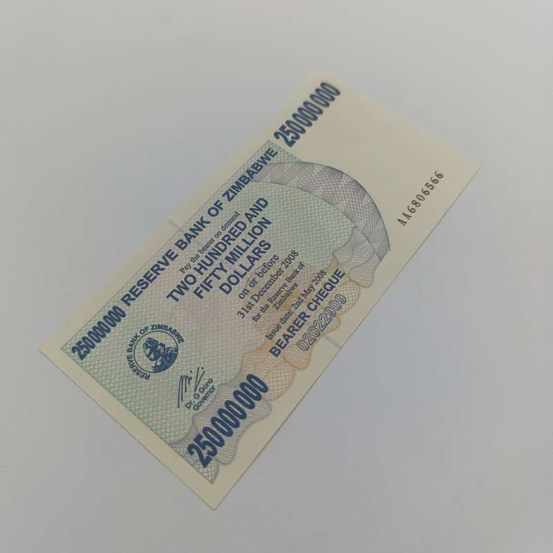 Zimbabwe two hundred and fifty million dollars - uncirculated bearer  cheque 2 May 2008