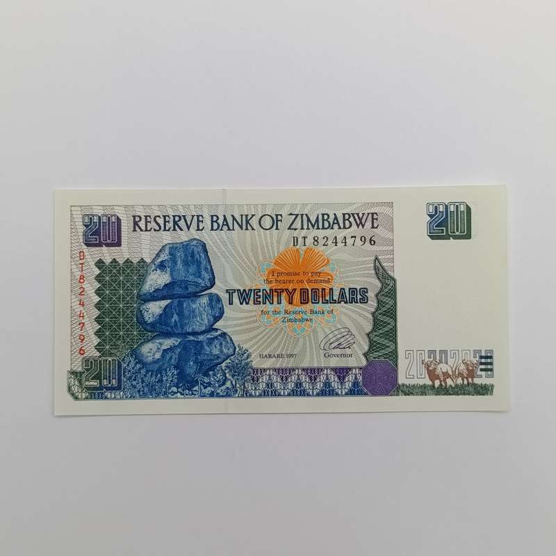 Zimbabwe Harare 1997 $20 lot of 4 uncirculated notes with consecutive numbers
