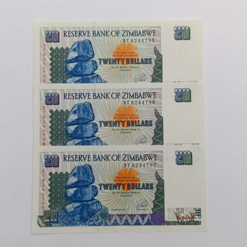 Zimbabwe Harare 1997 $20 banknotes uncirculated set of 3 with consecutive numbers