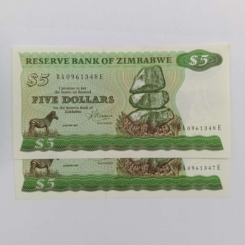 Zimbabwe 1983 Harare $5 uncirculated pair with consecutive numbers CBM - Pick 2c