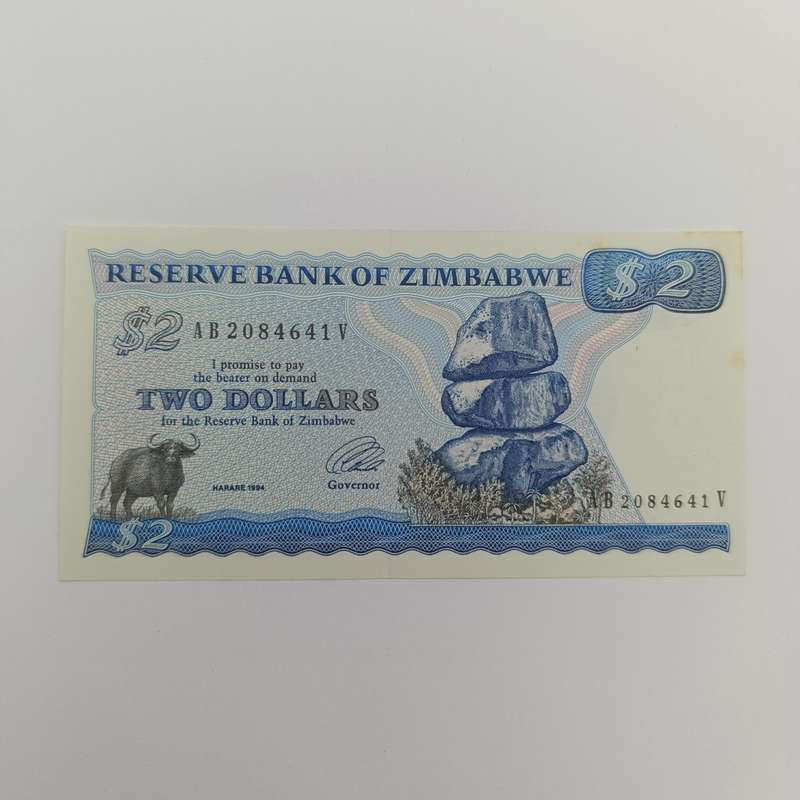 Zimbabwe $2 uncirculated banknote Pick 1d Harare 1994 long neck watermark