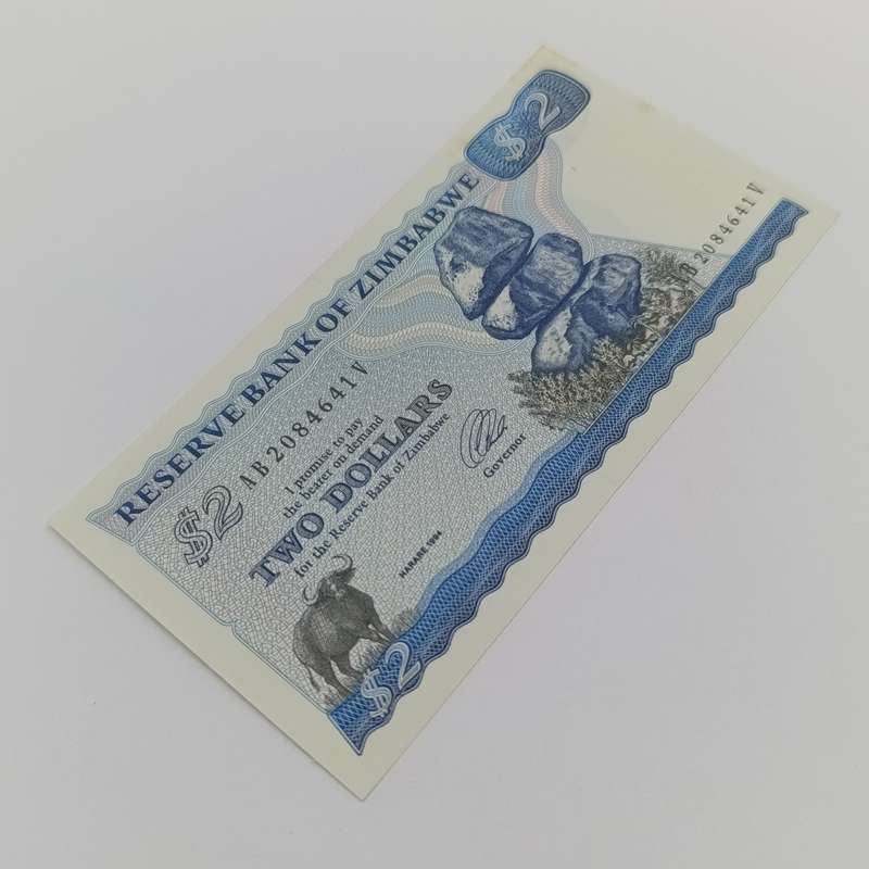 Zimbabwe $2 uncirculated banknote Pick 1d Harare 1994 long neck watermark