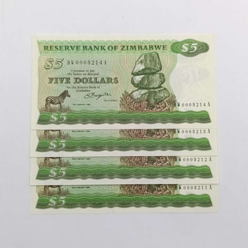 Zimbabwe $5 uncirculated  banknotes pick Salisbury 1980 lot of 4 replacement banknotes