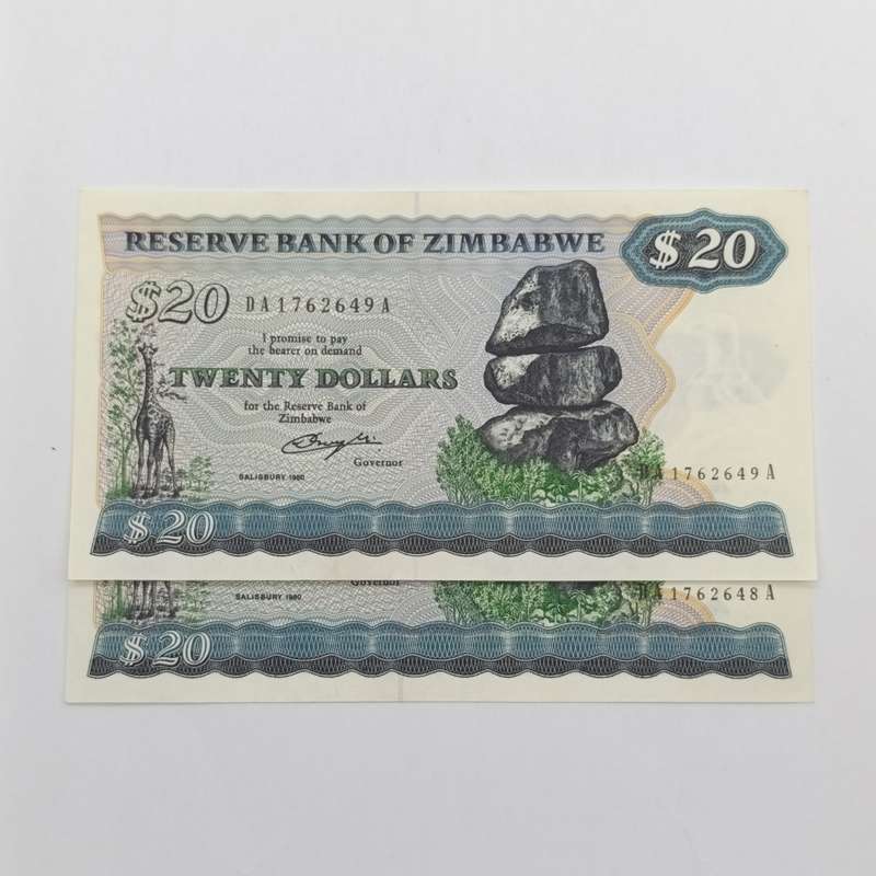 Zimbabwe $20 Salisbury 1980 uncirculated lot of 2 banknotes with consecutive numbers pick 049