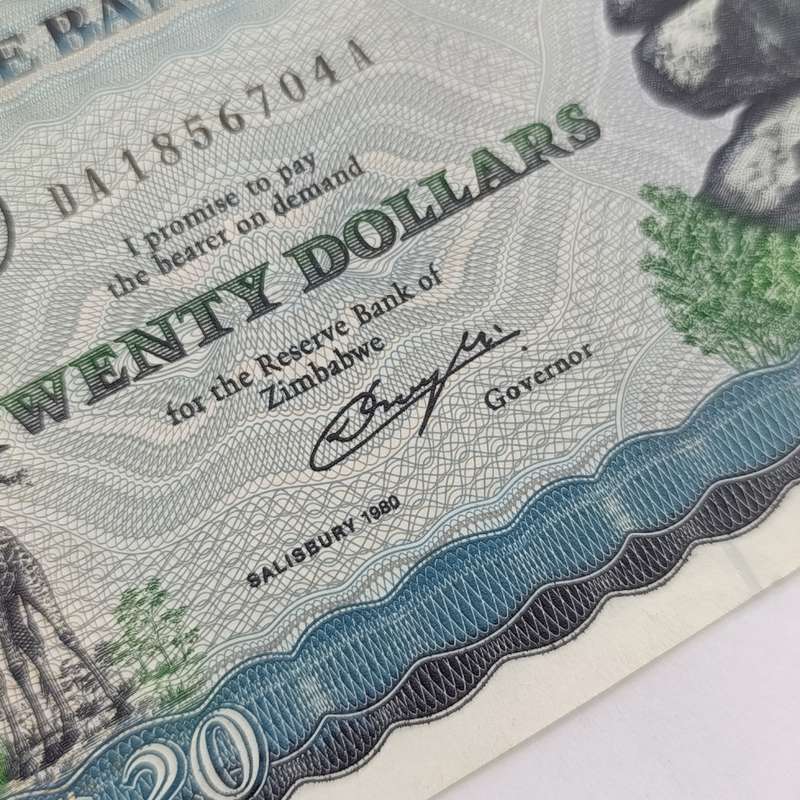 Zimbabwe $20 Saltsburg 1980 uncirculated banknote (Pick 049)