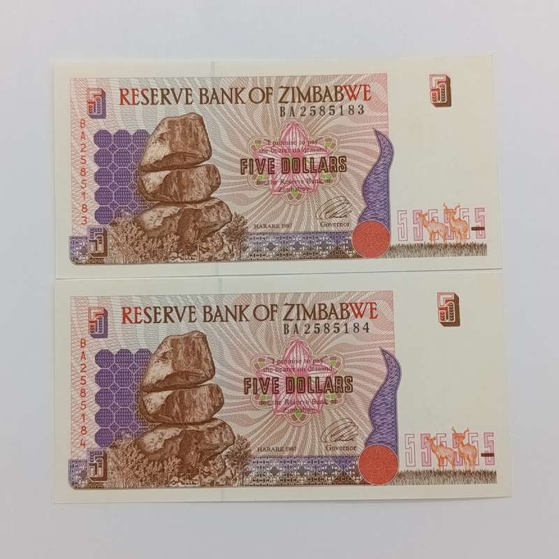 Zimbabwe Harare 1997 $5 pair of consecutive numbered uncirculated banknotes