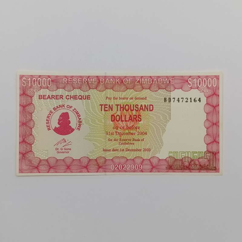 Zimbabwe $10000 Bearer cheque issued 1 Dec 2003 uncirculated