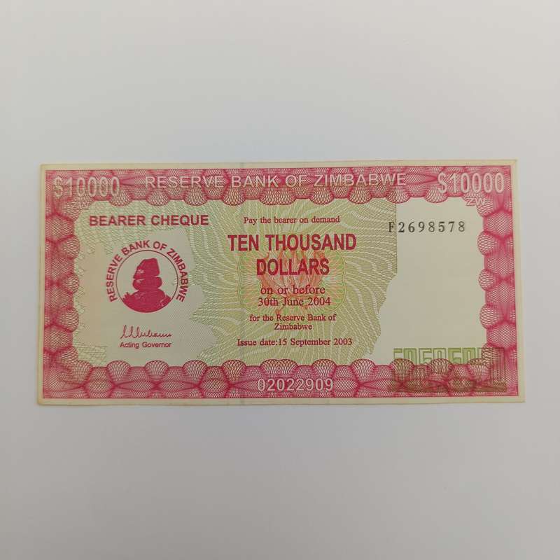 Zimbabwe $10000 bearer cheque issued 15 Sept 2003 AU+
