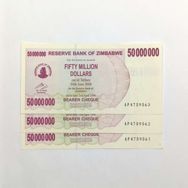 Zimbabwe 50 Million dollars bearer cheque issued 2-4-2008 3x consecutive numbered uncirculated notes