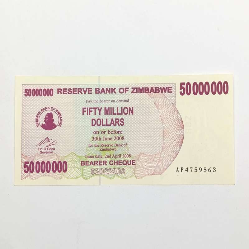 Zimbabwe 50 Million dollars bearer cheque issued 2-4-2008 3x consecutive numbered uncirculated notes