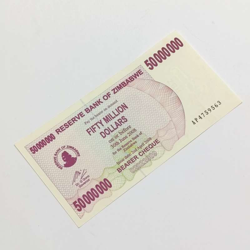Zimbabwe 50 Million dollars bearer cheque issued 2-4-2008 3x consecutive numbered uncirculated notes