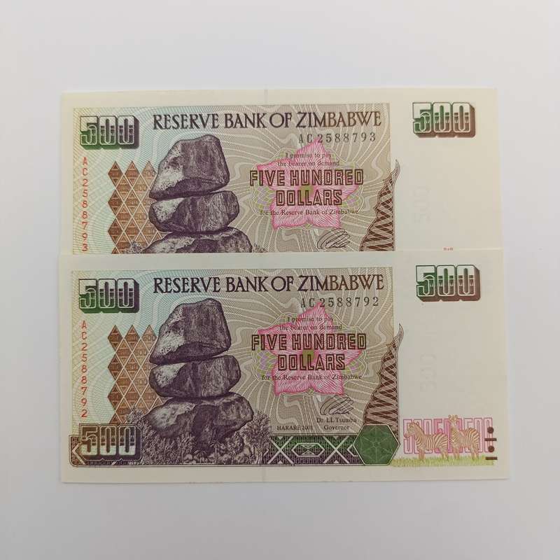 Zimbabwe $500 Harare 2001 uncirculated set of 2 banknotes with consecutive numbers
