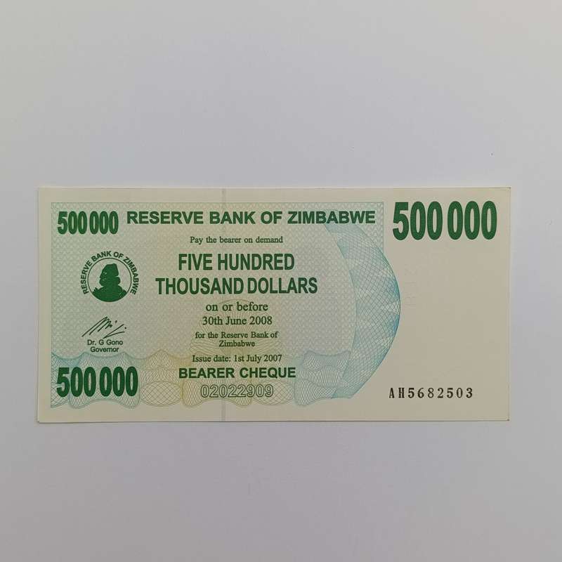 Zimbabwe $500 000 Bearer cheques issued 1 July 2007 uncirculated pair with consecutive numbers