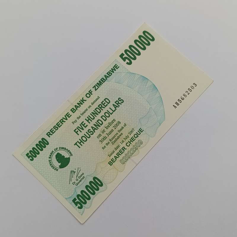 Zimbabwe $500 000 Bearer cheques issued 1 July 2007 uncirculated pair with consecutive numbers