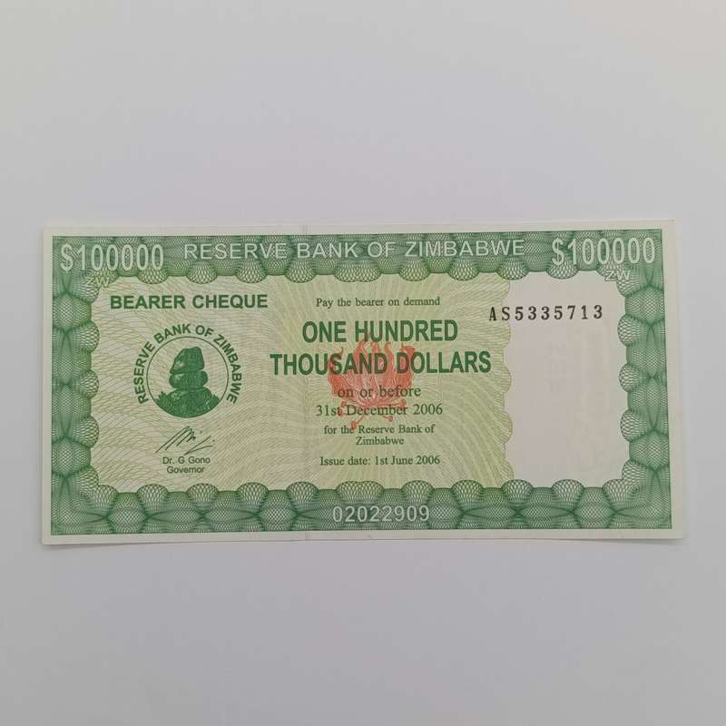 Zimbabwe $100 000 bearer cheque issued 1 June 2006 - Lot of 3 uncirculated with consecutive numbers