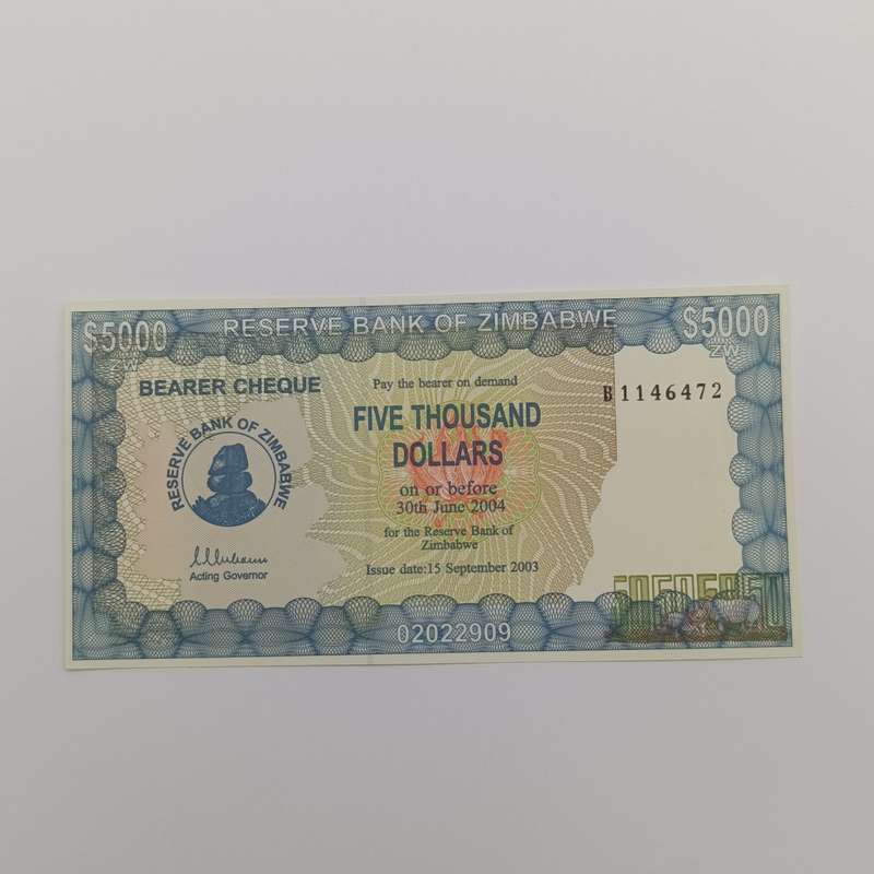 Zimbabwe $5 000 Bearer cheque issued 15 Sept 2003 uncirculated