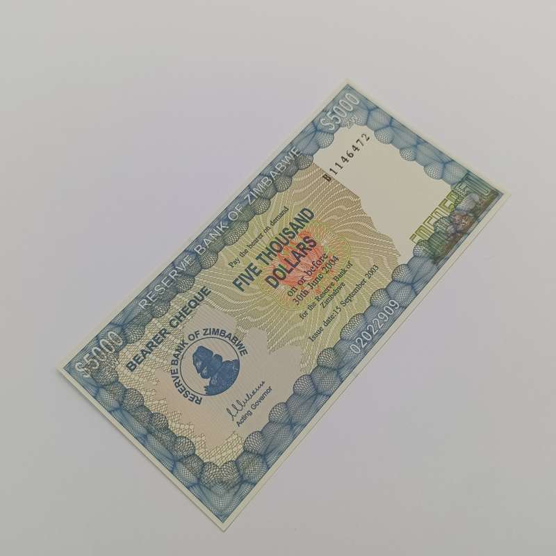 Zimbabwe $5 000 Bearer cheque issued 15 Sept 2003 uncirculated