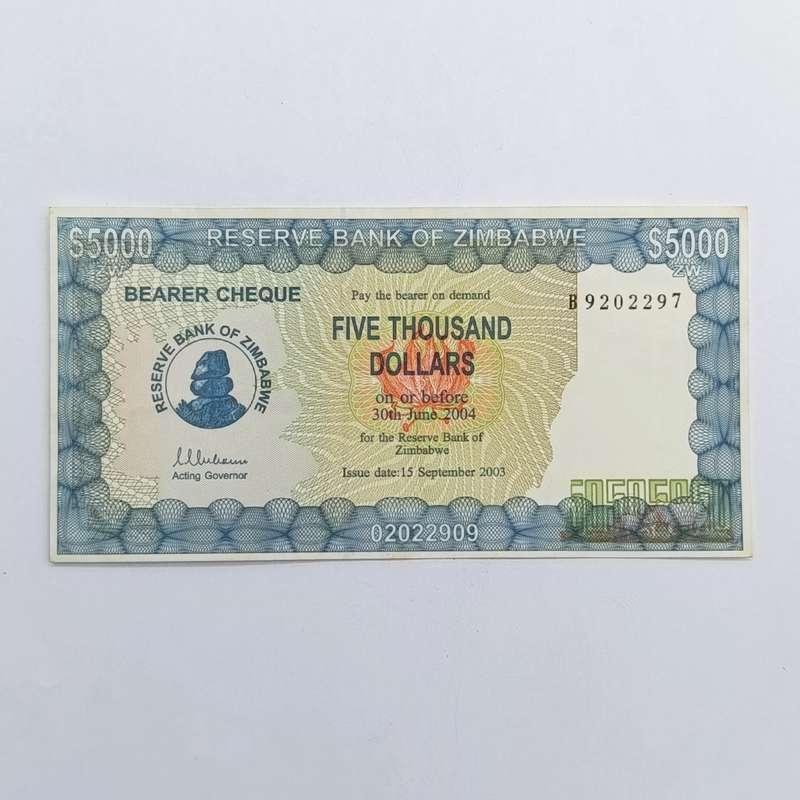 Zimbabwe $5000 Bearer cheque issued 15 Sept 2003 uncirculated