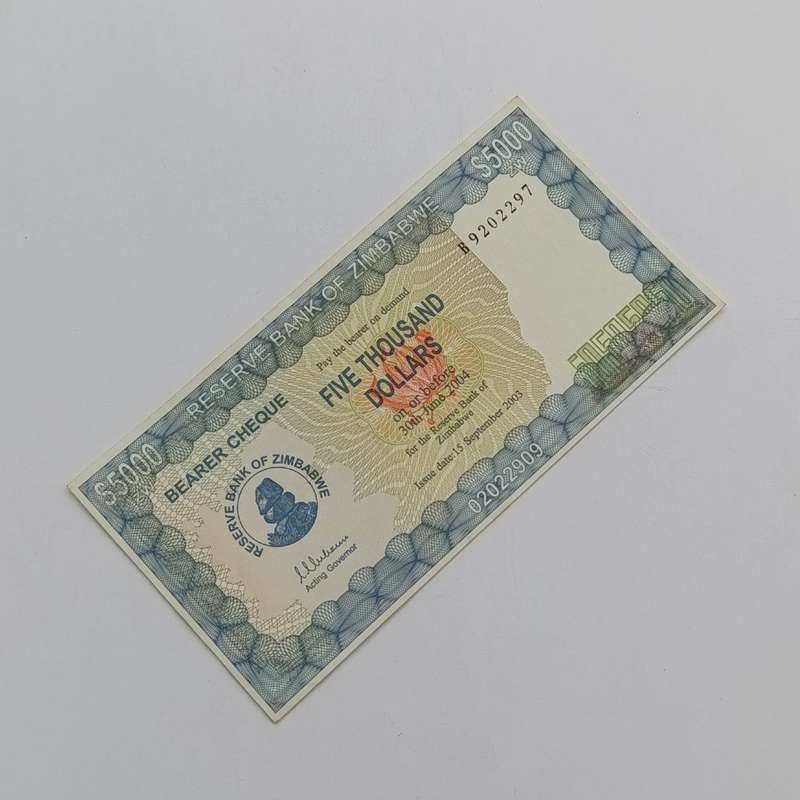 Zimbabwe $5000 Bearer cheque issued 15 Sept 2003 uncirculated