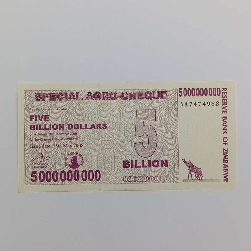 Zimbabwe 5 Billion dollars Pair of special agro cheques uncirculated with consecutive numbers