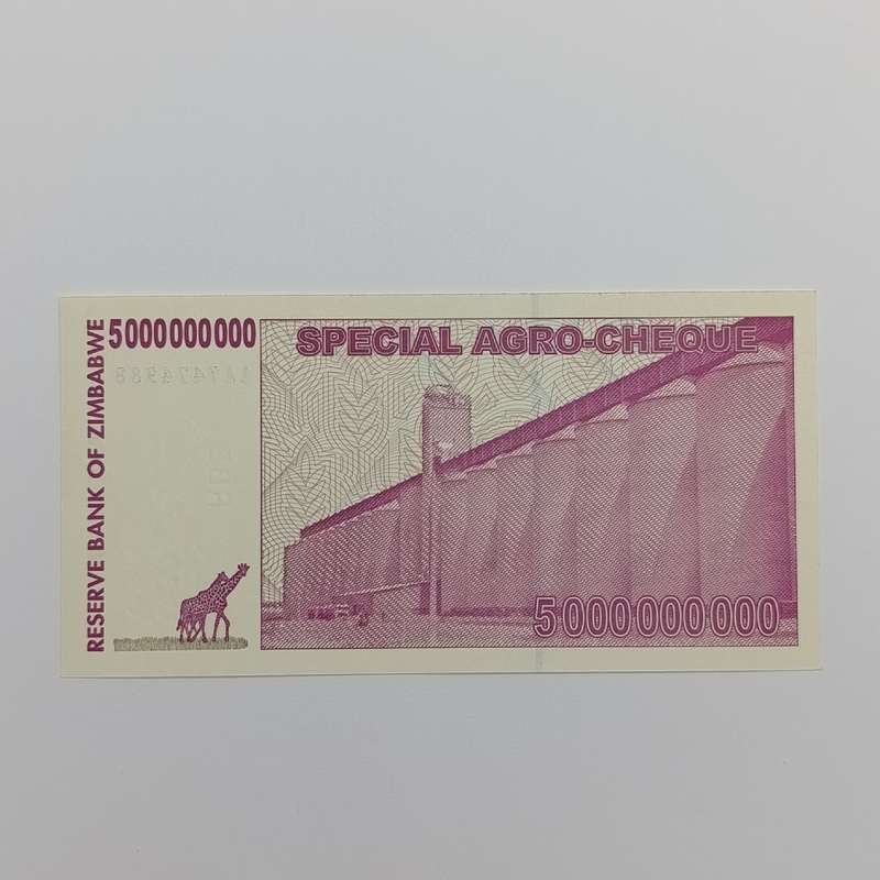 Zimbabwe 5 Billion dollars Pair of special agro cheques uncirculated with consecutive numbers