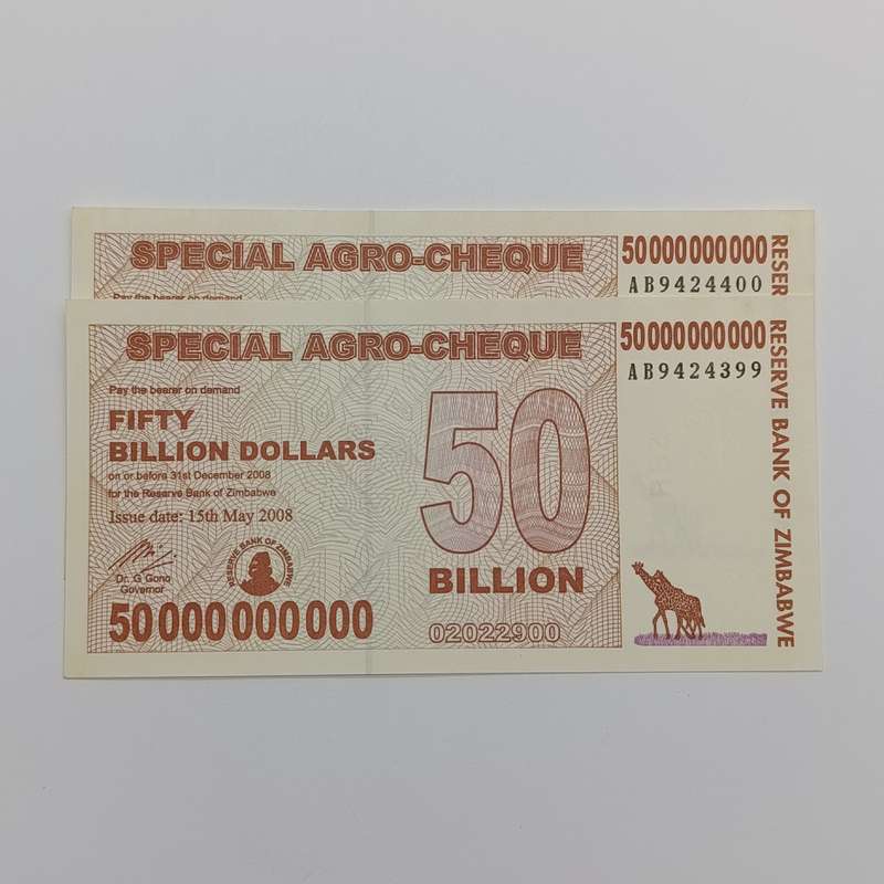 Zimbabwe 50 Billion dollars Consecutive numbered pair of uncirculated agro cheques