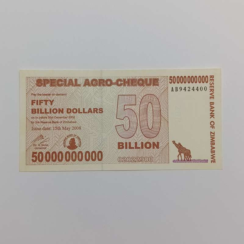 Zimbabwe 50 Billion dollars Consecutive numbered pair of uncirculated agro cheques