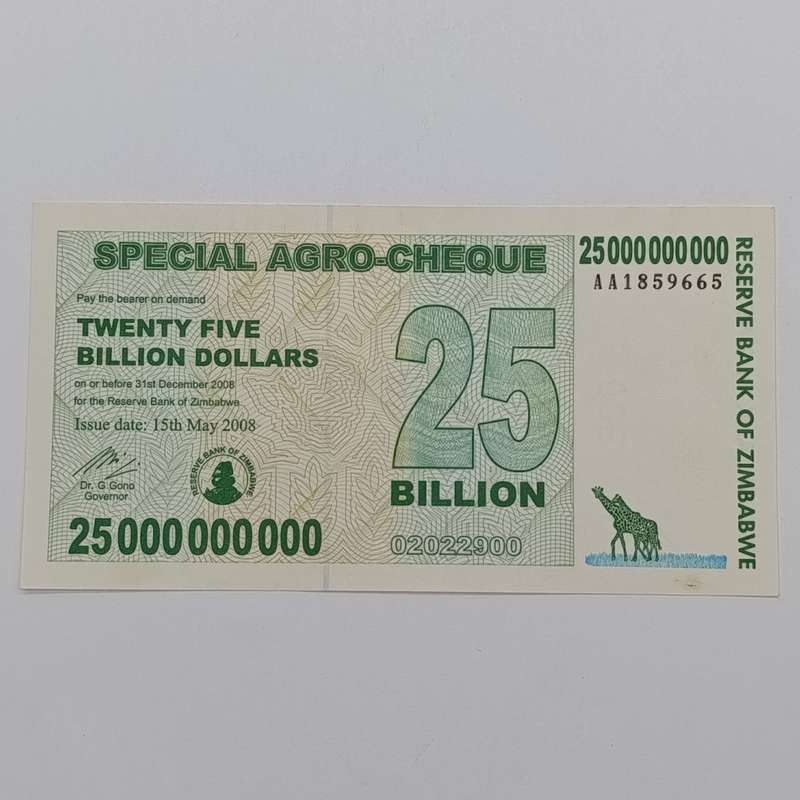 Zimbabwe 25 Billion Dollars special Agro cheque issued 15 May 2008 uncirculated AA number